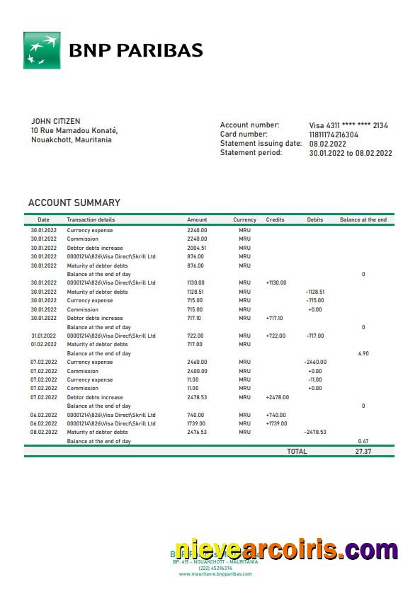 Mauritania BNP Paribas bank statement in Word and PDF format